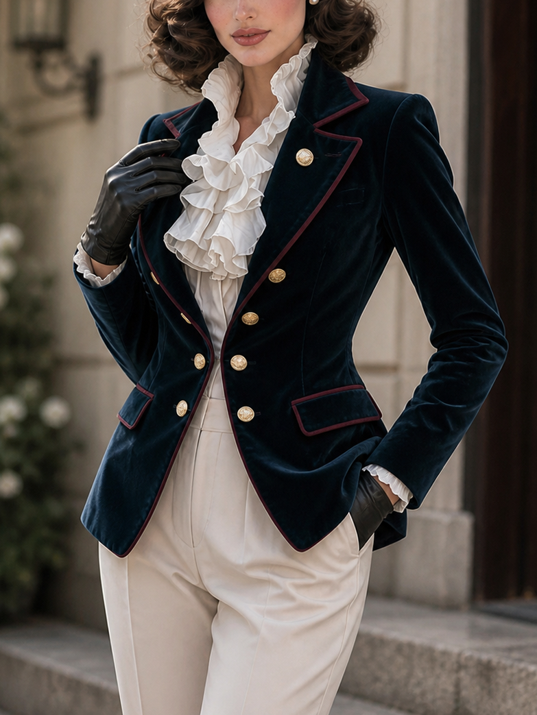 Vintage Peak Lapel Color‑trim Velvet Blazer
