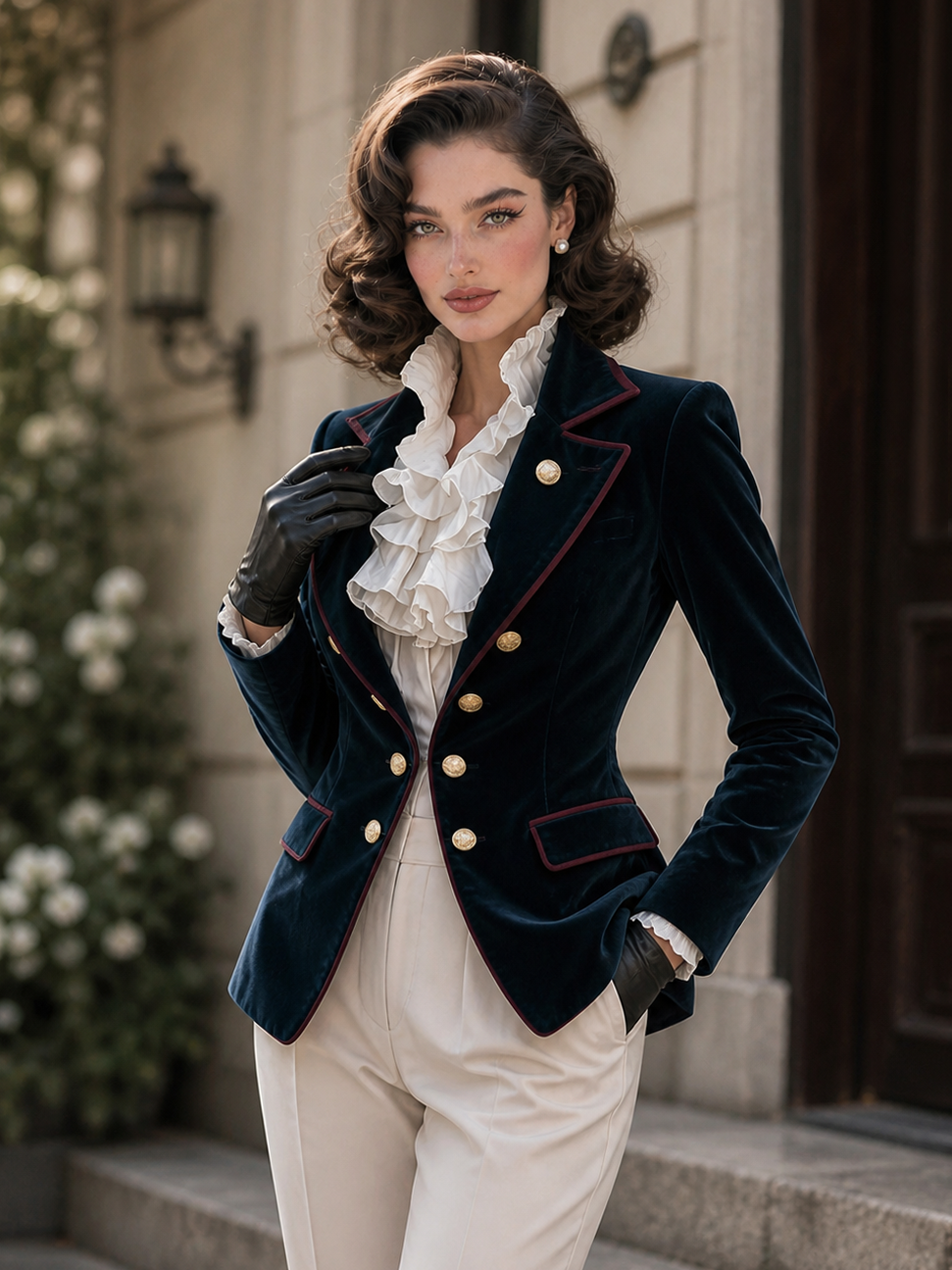 Vintage Peak Lapel Color‑trim Velvet Blazer