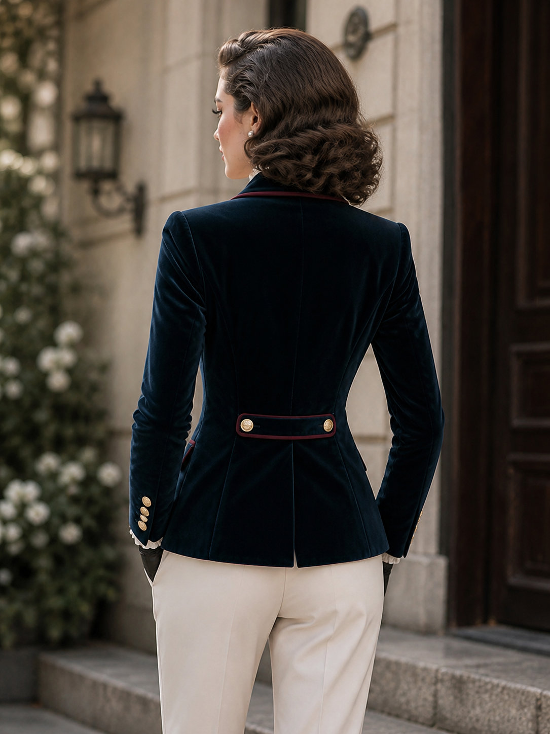 Vintage Peak Lapel Color‑trim Velvet Blazer