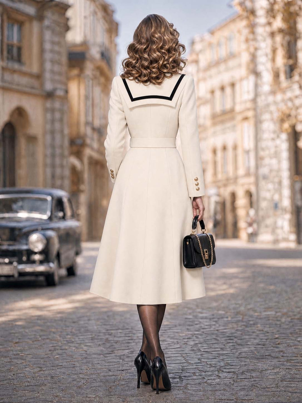 Vintage Contrast Collar Belted Midi Coat