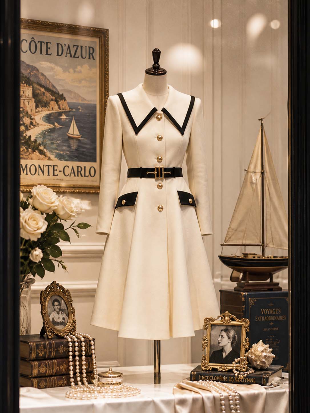 Vintage Contrast Collar Belted Midi Coat