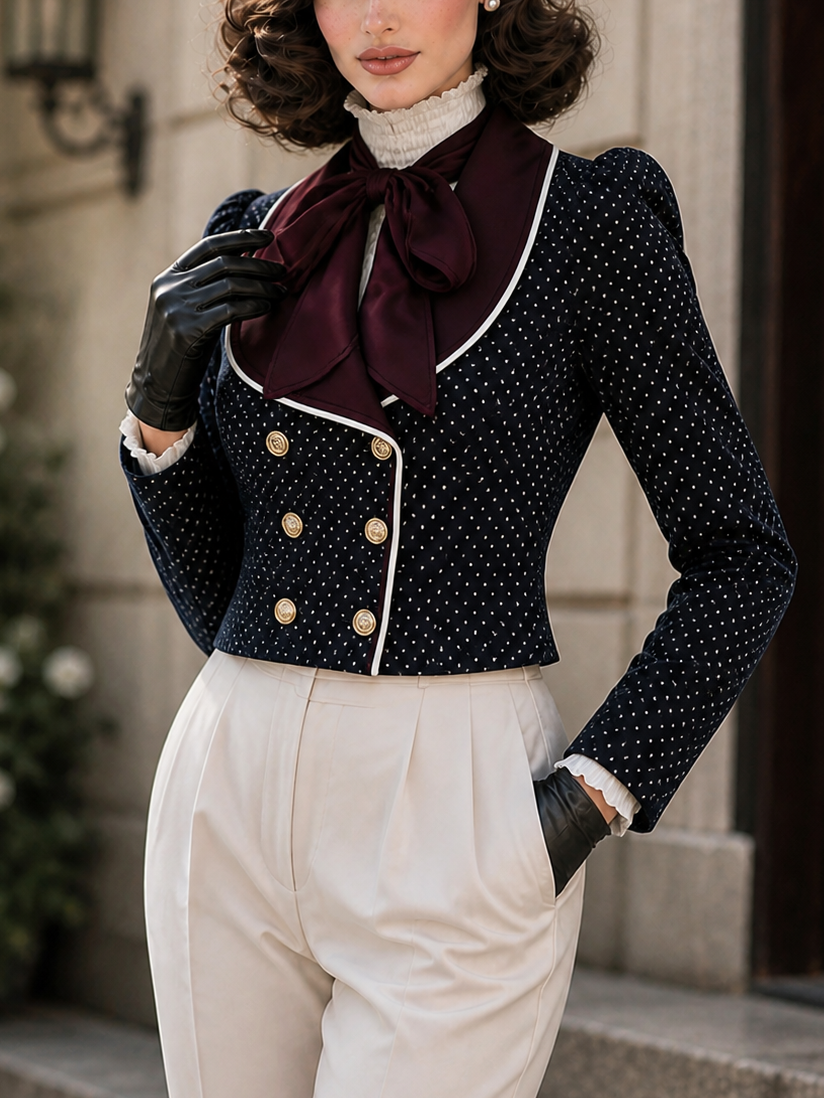 Vintage Lapel Color‑block Polka Dot Cropped Blazer