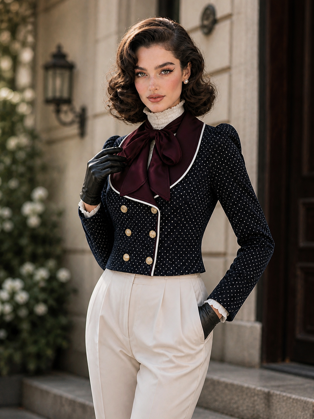Vintage Lapel Color‑block Polka Dot Cropped Blazer