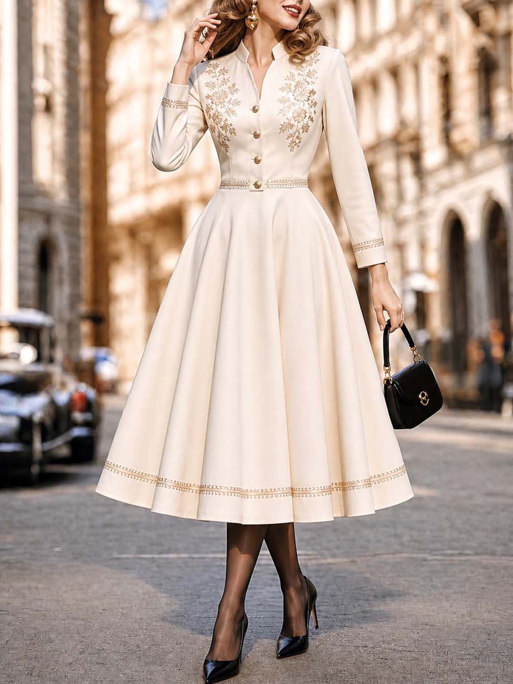 Vintage Gold Woven Trim Stand Collar Midi Dress