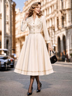 Vintage Gold Woven Trim Stand Collar Midi Dress