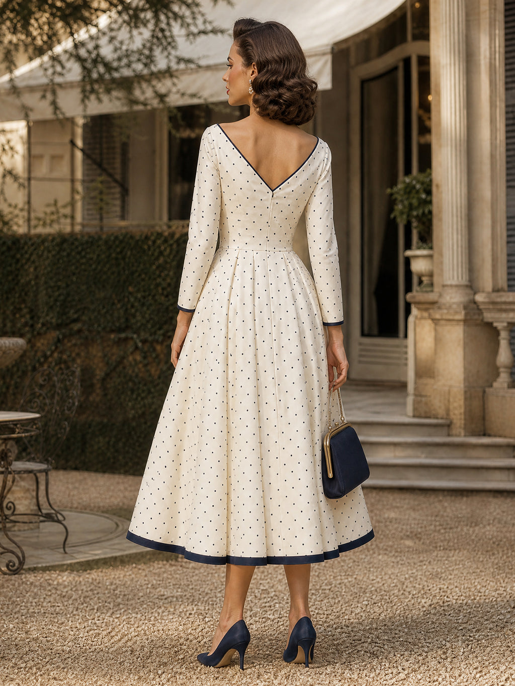 Vintage Cream Navy Polka-Dot V-Neck A-Line Dress