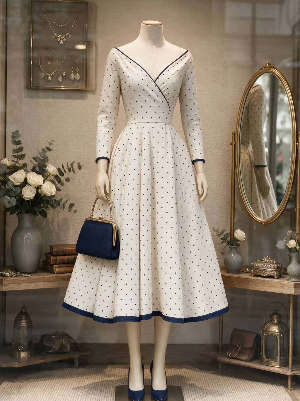 Vintage Cream Navy Polka-Dot V-Neck A-Line Dress