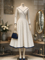Vintage Cream Navy Polka-Dot V-Neck A-Line Dress