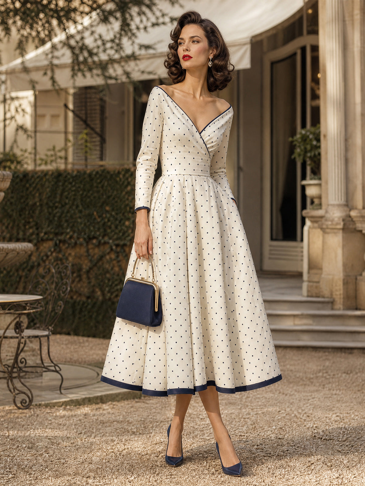 Vintage Cream Navy Polka-Dot V-Neck A-Line Dress