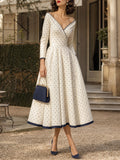 Vintage Cream Navy Polka-Dot V-Neck A-Line Dress
