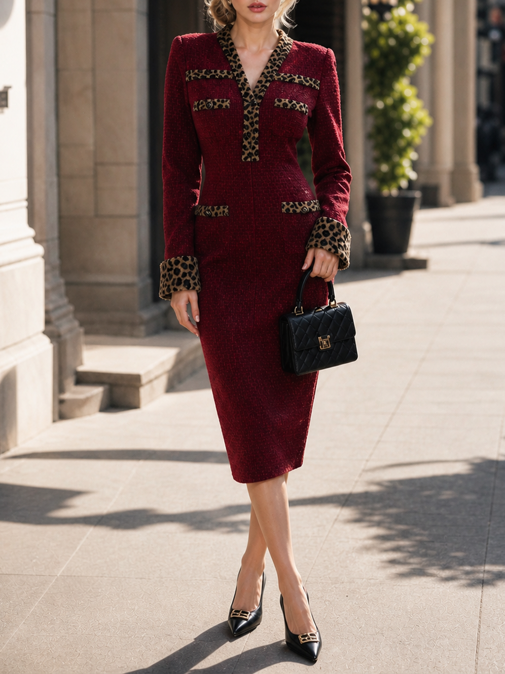 Vintage Burgundy Bodycon Leopard Print Patchwork V‑Neck Midi Dress