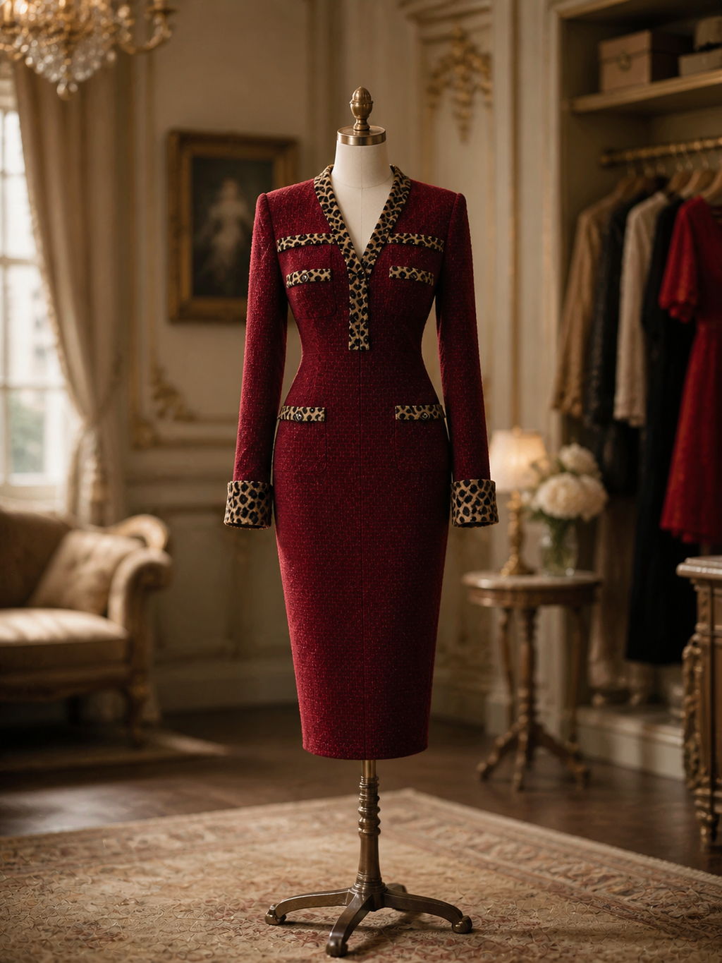 Vintage Burgundy Bodycon Leopard Print Patchwork V‑Neck Midi Dress