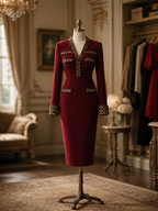 Vintage Burgundy Bodycon Leopard Print Patchwork V‑Neck Midi Dress