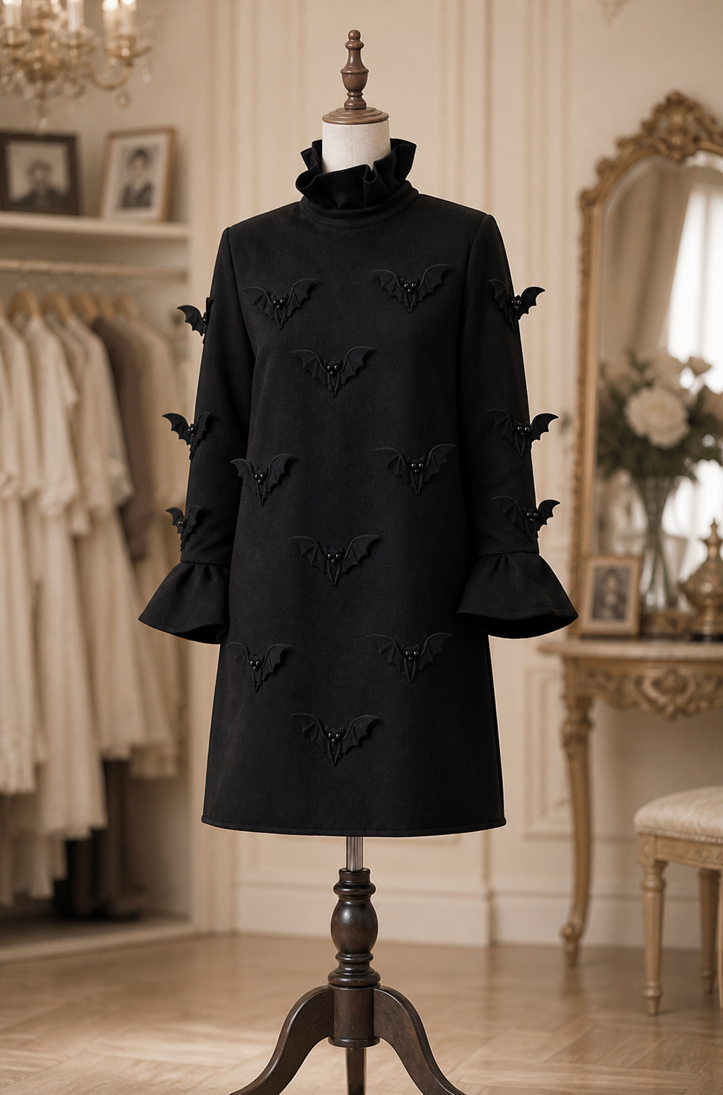Vintage Gothic 3D Bat Decor Turtleneck Flare Cuff Mini Dress