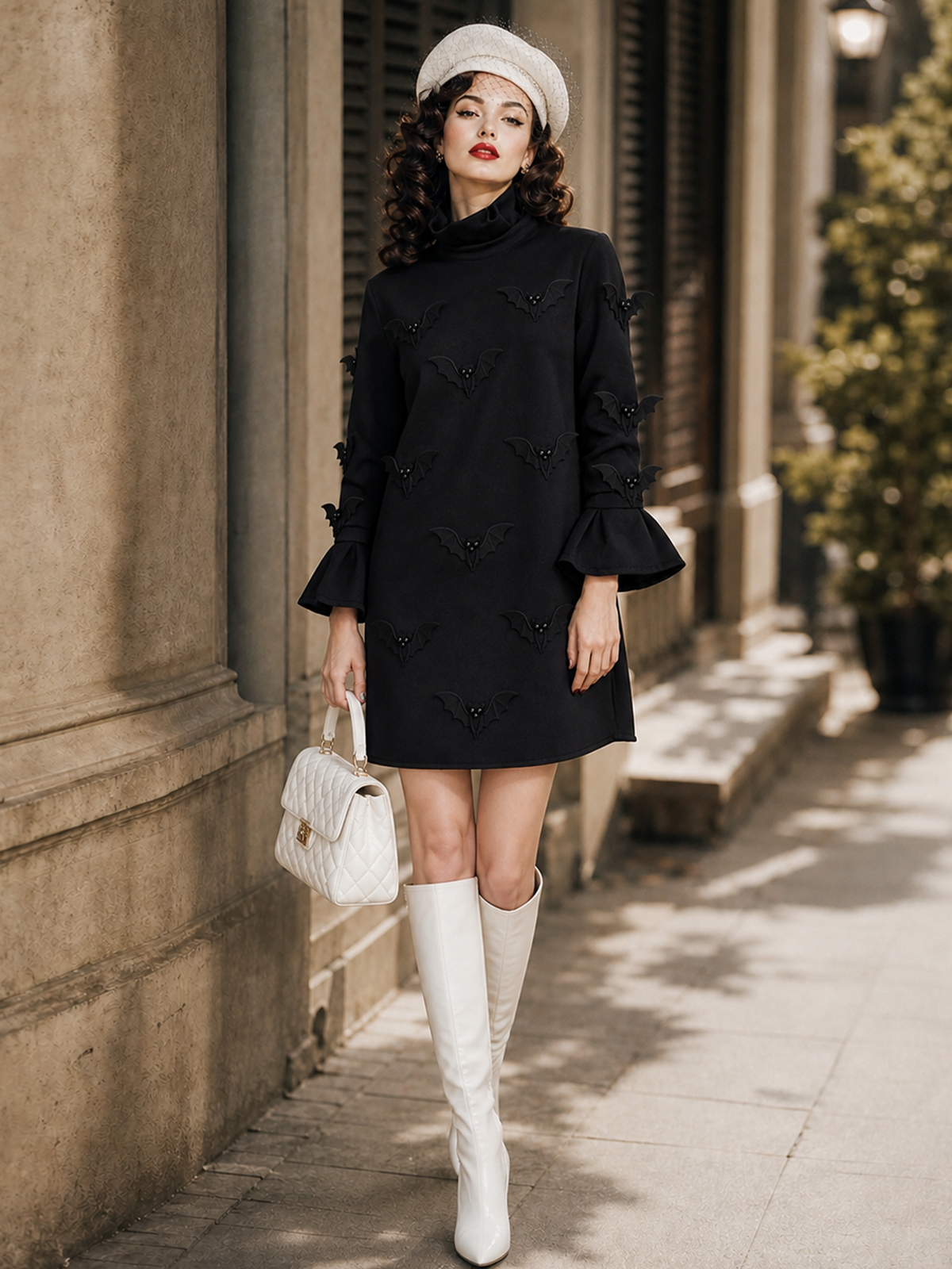 Vintage Gothic 3D Bat Decor Turtleneck Flare Cuff Mini Dress