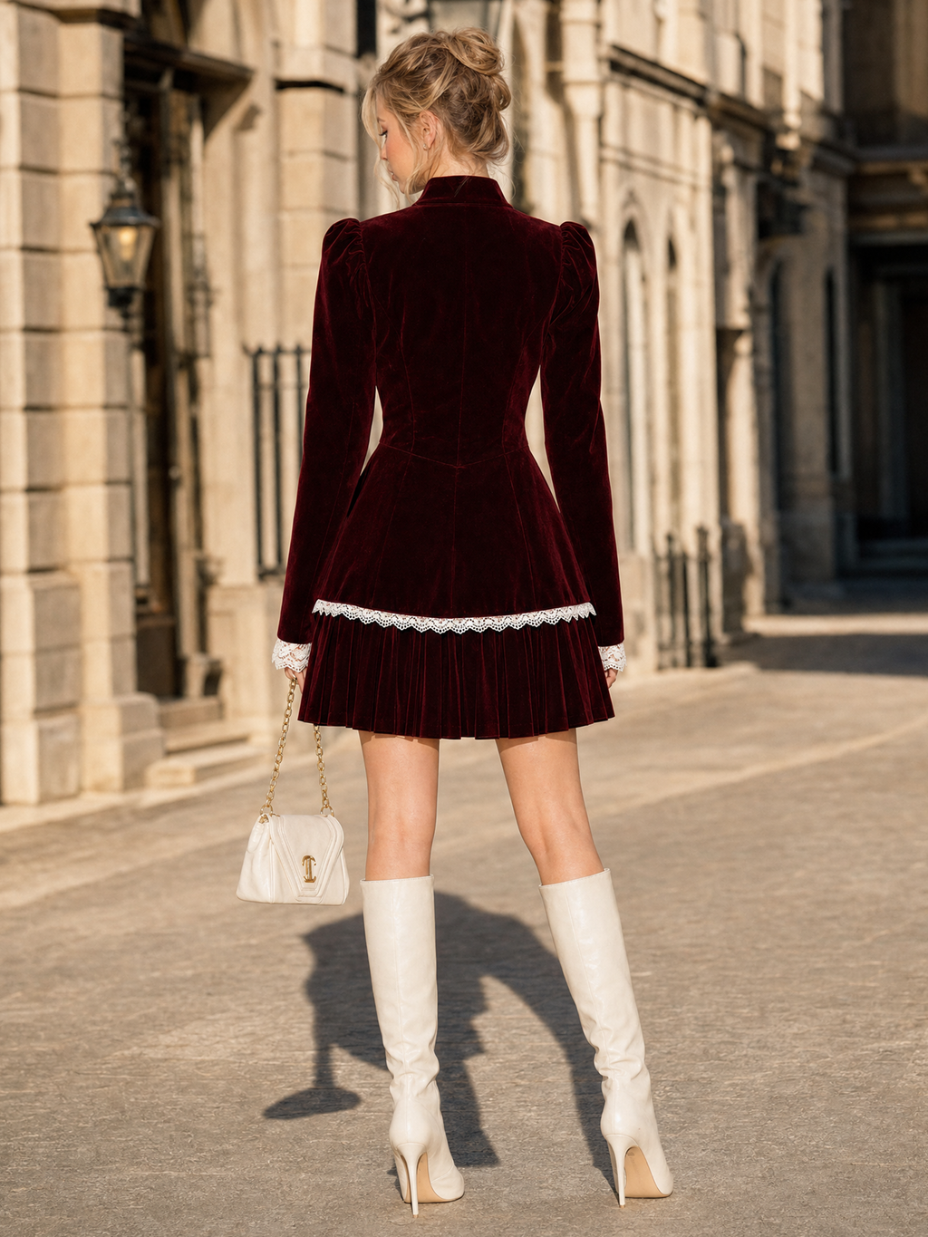Vintage Burgundy Velvet Lace Trim Puff Sleeve Two‑Piece Mini Dress