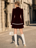Vintage Burgundy Velvet Lace Trim Puff Sleeve Two‑Piece Mini Dress