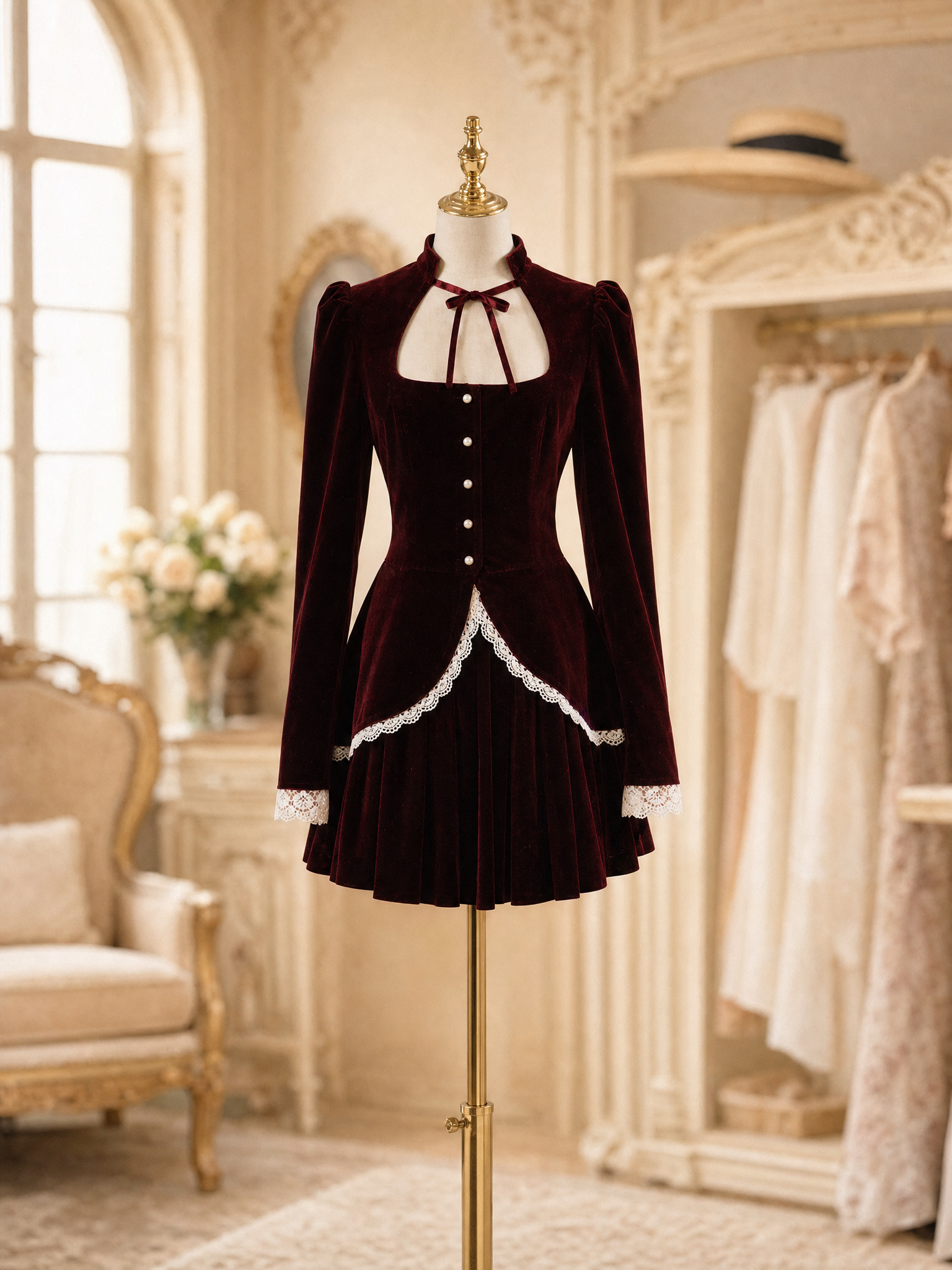 Vintage Burgundy Velvet Lace Trim Puff Sleeve Two‑Piece Mini Dress