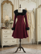 Vintage Wine Red Faux Fur Collar Cuff Long Sleeve A‑Line Midi Dress