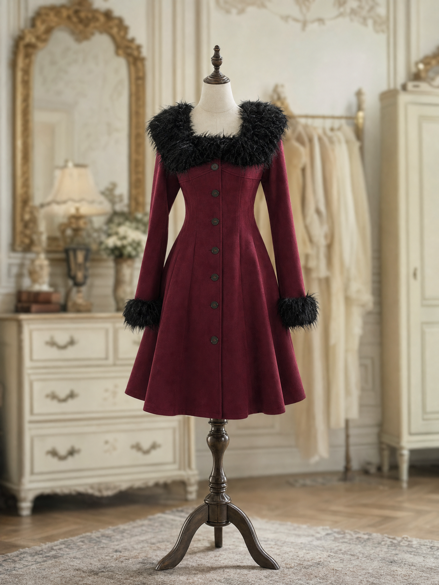 Vintage Wine Red Faux Fur Collar Cuff Long Sleeve A‑Line Midi Dress