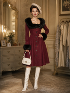 Vintage Wine Red Faux Fur Collar Cuff Long Sleeve A‑Line Midi Dress
