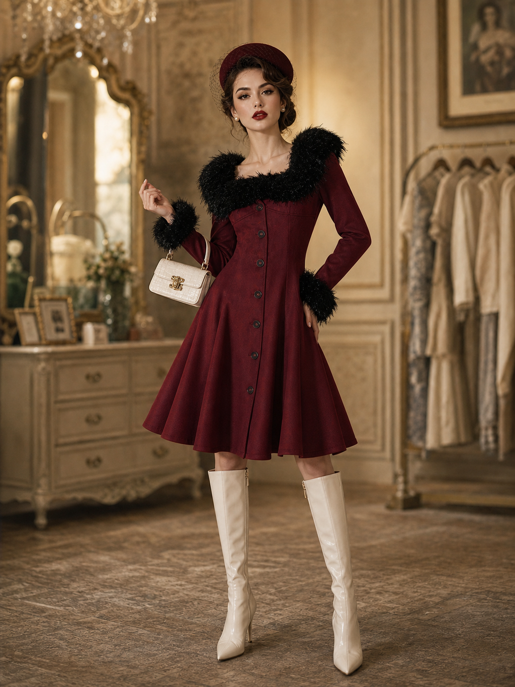 Vintage Wine Red Faux Fur Collar Cuff Long Sleeve A‑Line Midi Dress