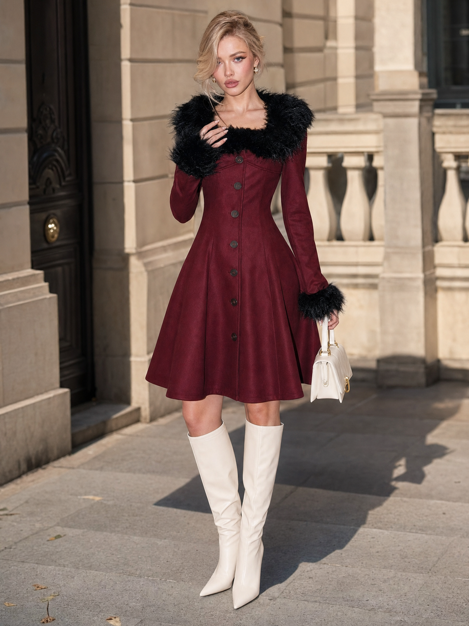 Vintage Wine Red Faux Fur Collar Cuff Long Sleeve A‑Line Midi Dress