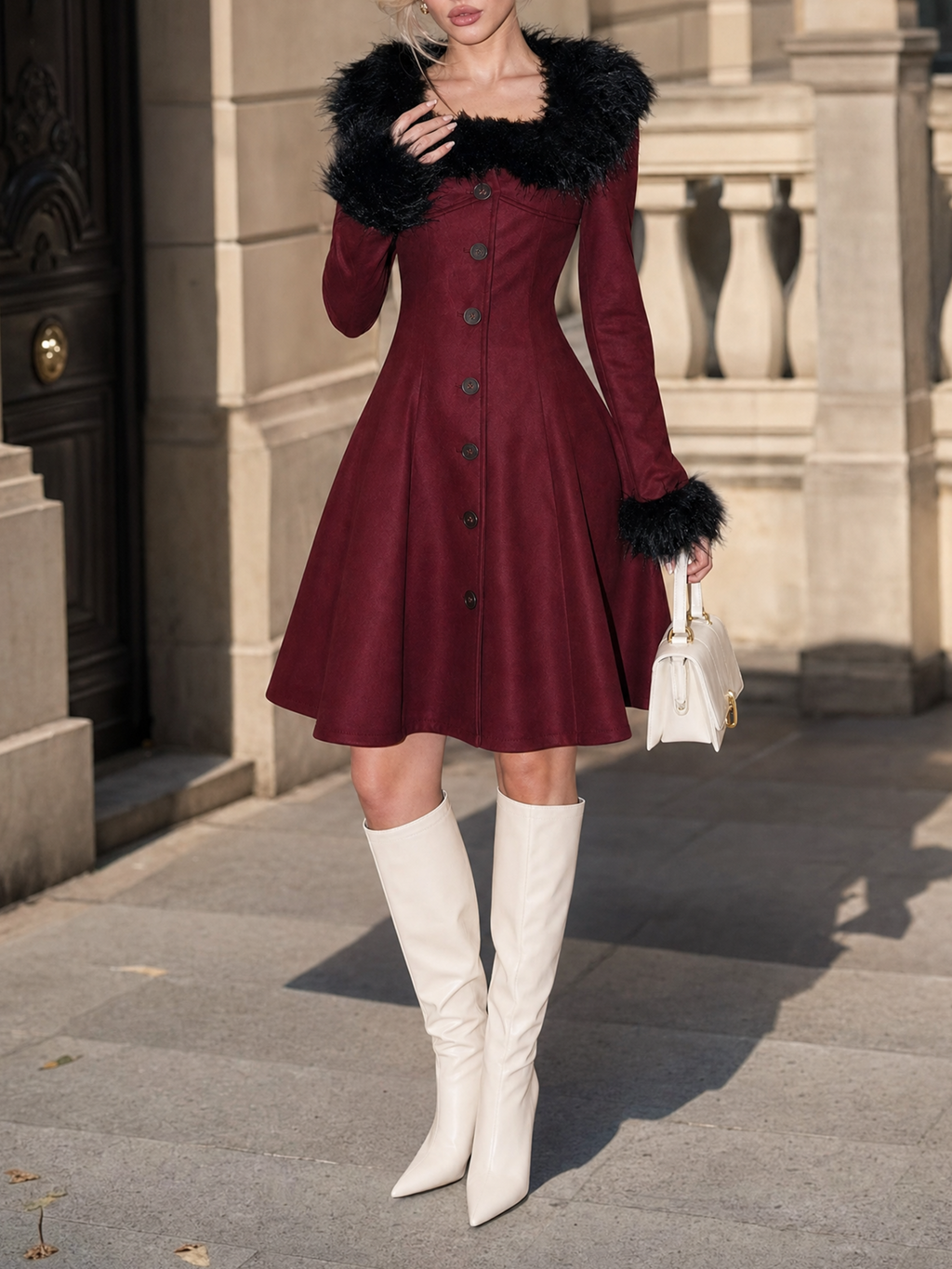 Vintage Wine Red Faux Fur Collar Cuff Long Sleeve A‑Line Midi Dress