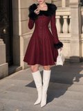Vintage Wine Red Faux Fur Collar Cuff Long Sleeve A‑Line Midi Dress