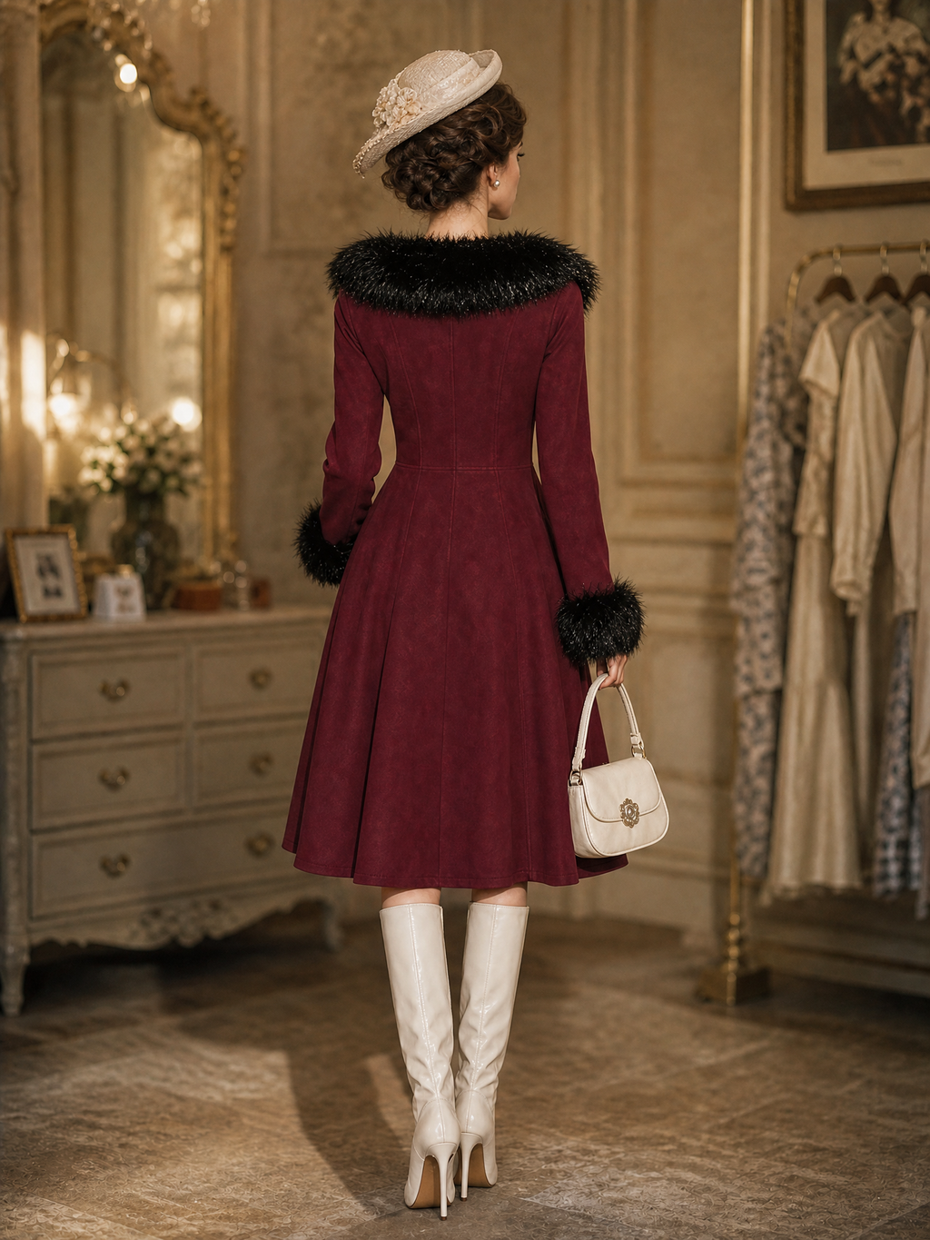 Vintage Wine Red Faux Fur Collar Cuff Long Sleeve A‑Line Midi Dress