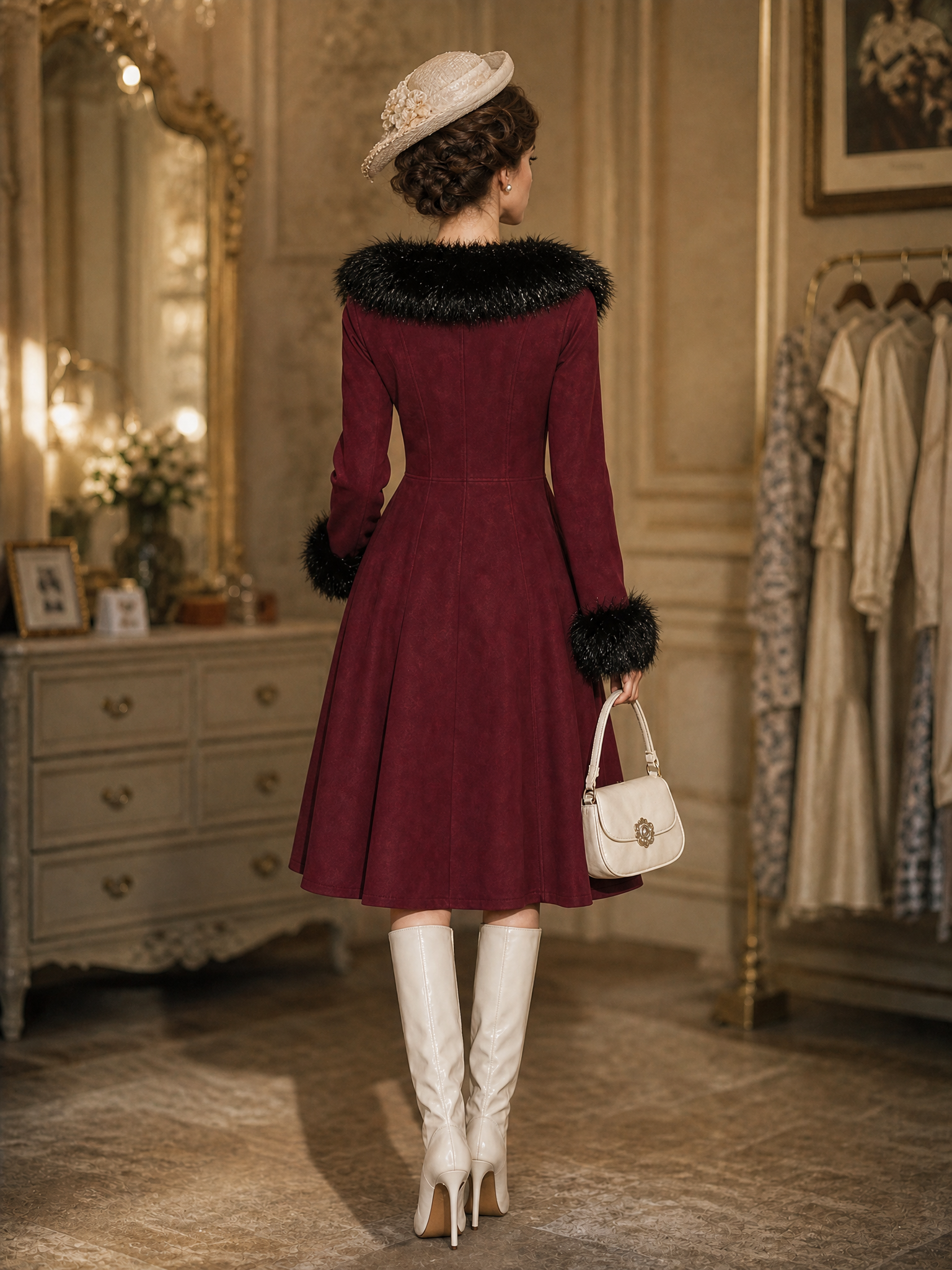 Vintage Wine Red Faux Fur Collar Cuff Long Sleeve A‑Line Midi Dress