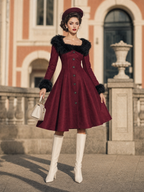 Vintage Wine Red Faux Fur Collar Cuff Long Sleeve A‑Line Midi Dress
