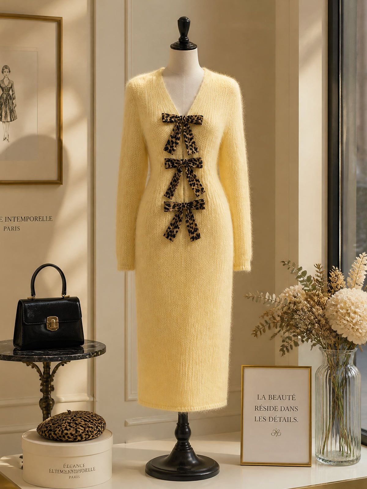 Vintage Yellow Leopard Bow V-Neck Mohair Knit Dress
