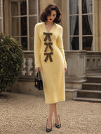 Vintage Yellow Leopard Bow V-Neck Mohair Knit Dress
