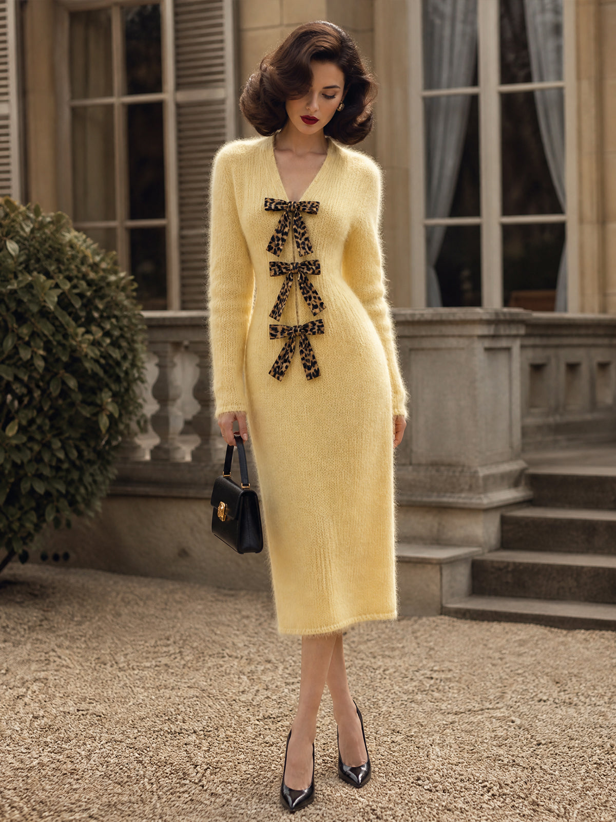 Vintage Yellow Leopard Bow V-Neck Mohair Knit Dress