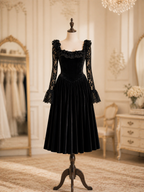 Vintage Black Velvet Lace Long‑Sleeve Ruffled Neck Midi Dress