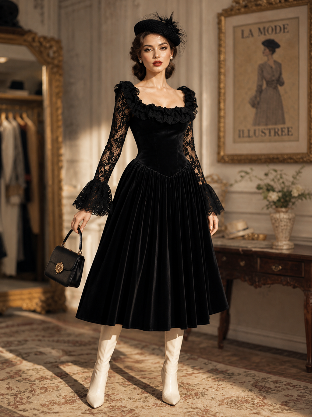 Vintage Black Velvet Lace Long‑Sleeve Ruffled Neck Midi Dress