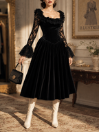 Vintage Black Velvet Lace Long‑Sleeve Ruffled Neck Midi Dress