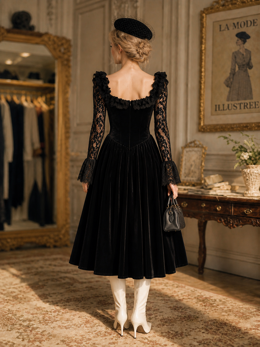 Vintage Black Velvet Lace Long‑Sleeve Ruffled Neck Midi Dress