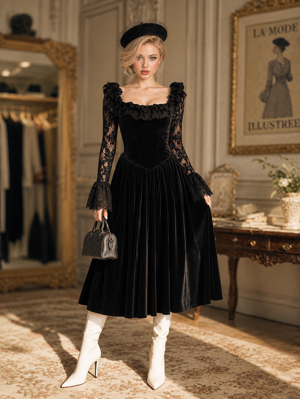 Vintage Black Velvet Lace Long‑Sleeve Ruffled Neck Midi Dress