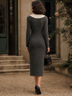 Vintage Grey Lace-Collar Tie-Neck Mohair Knit Dress