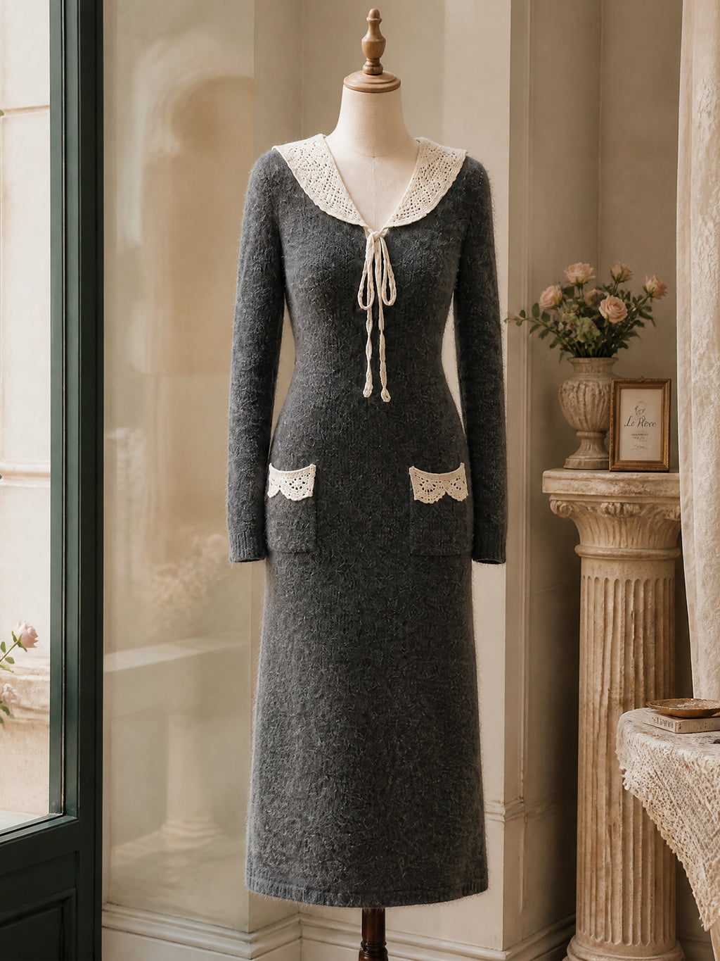 Vintage Grey Lace-Collar Tie-Neck Mohair Knit Dress