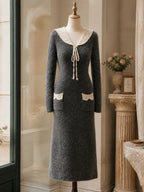 Vintage Grey Lace-Collar Tie-Neck Mohair Knit Dress