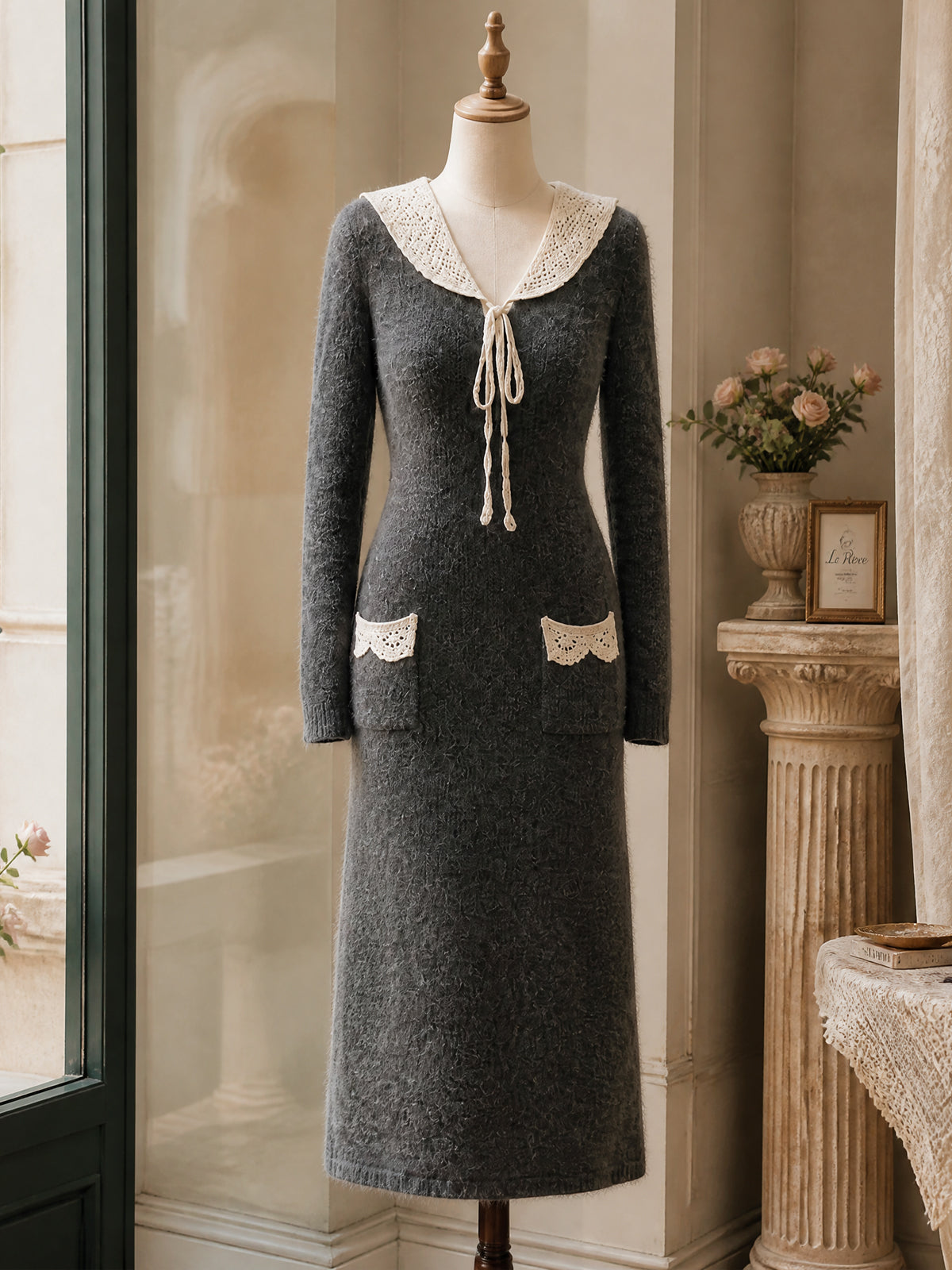 Vintage Grey Lace-Collar Tie-Neck Mohair Knit Dress