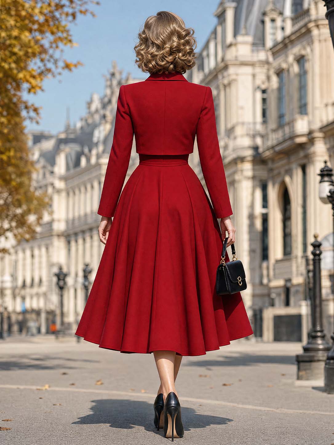 Classic Vintage Red Woolen Midi Two‑Piece Set