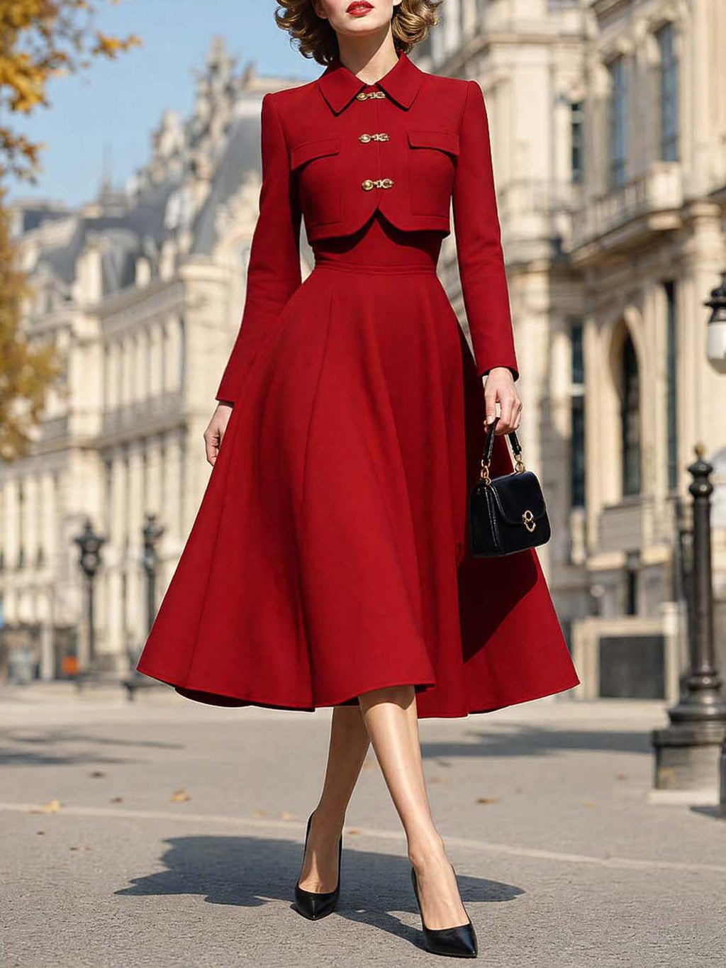 Classic Vintage Red Woolen Midi Two‑Piece Set