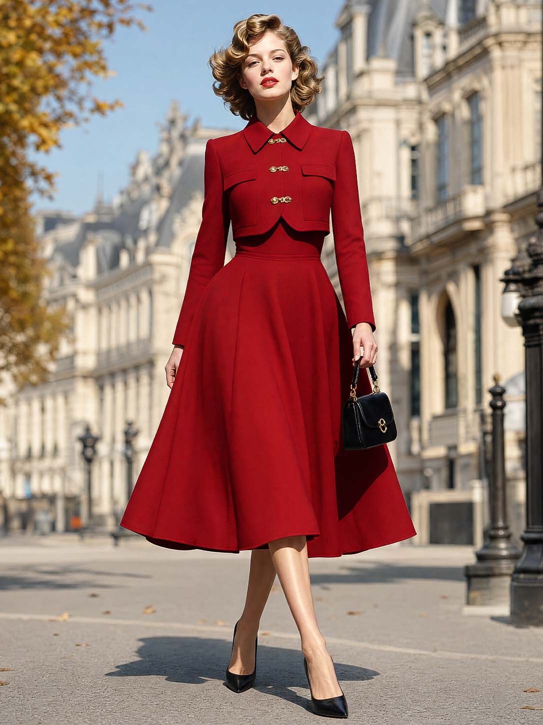 Classic Vintage Red Woolen Midi Two‑Piece Set