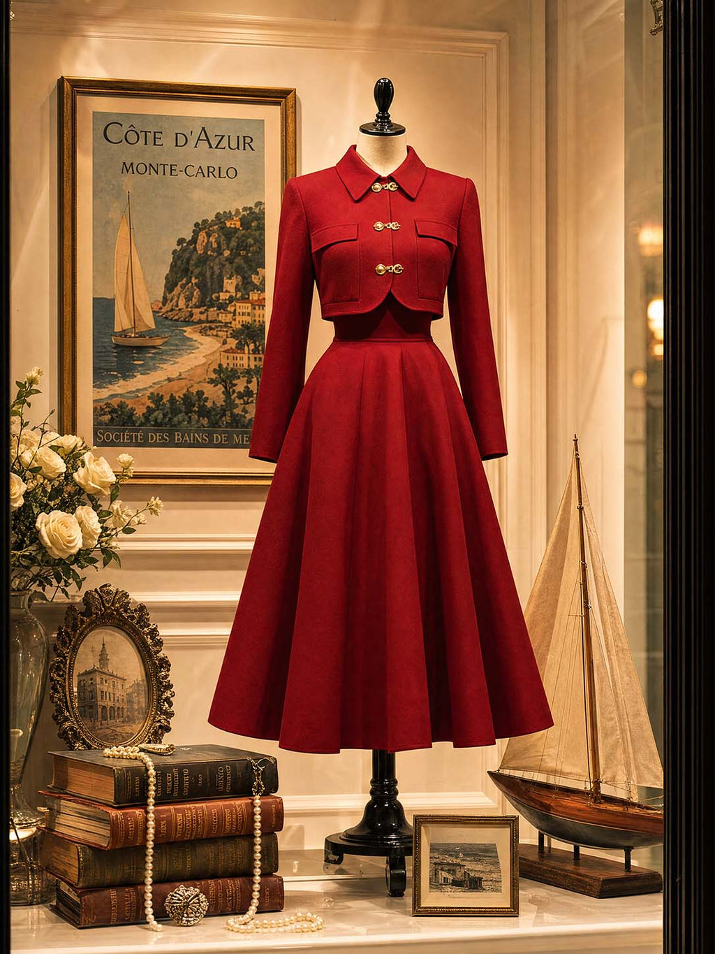 Classic Vintage Red Woolen Midi Two‑Piece Set