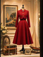 Classic Vintage Red Woolen Midi Two‑Piece Set