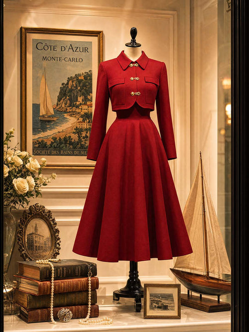 Classic Vintage Red Woolen Midi Two‑Piece Set
